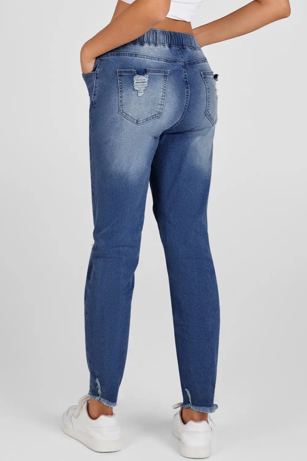 Mid-Rise Raw-Hem Ripped Elastic-Waist Straight Leg Jeans