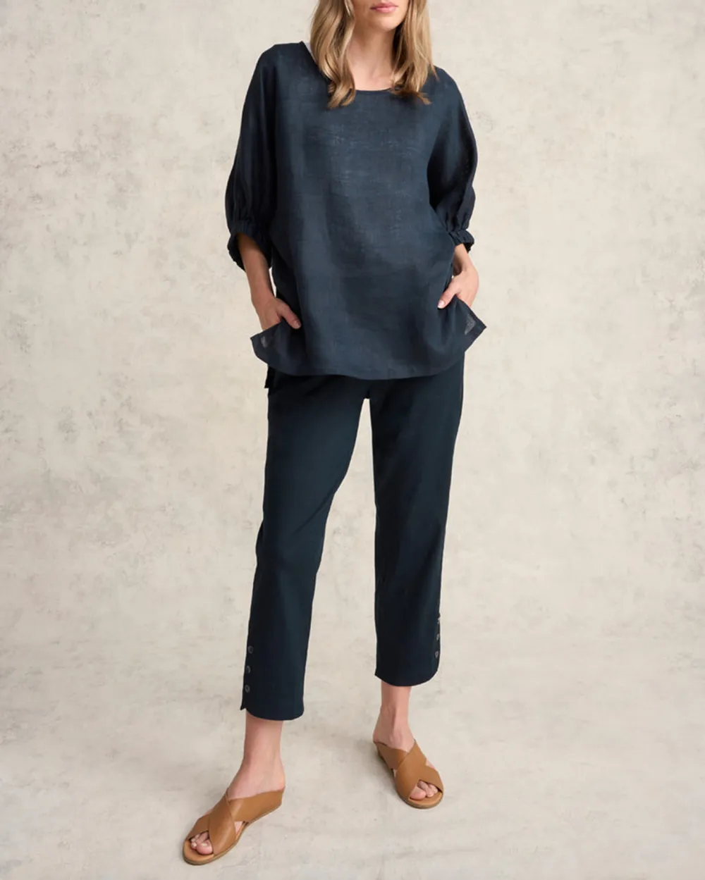 Mid Waist Curved Hem Linen Trousers