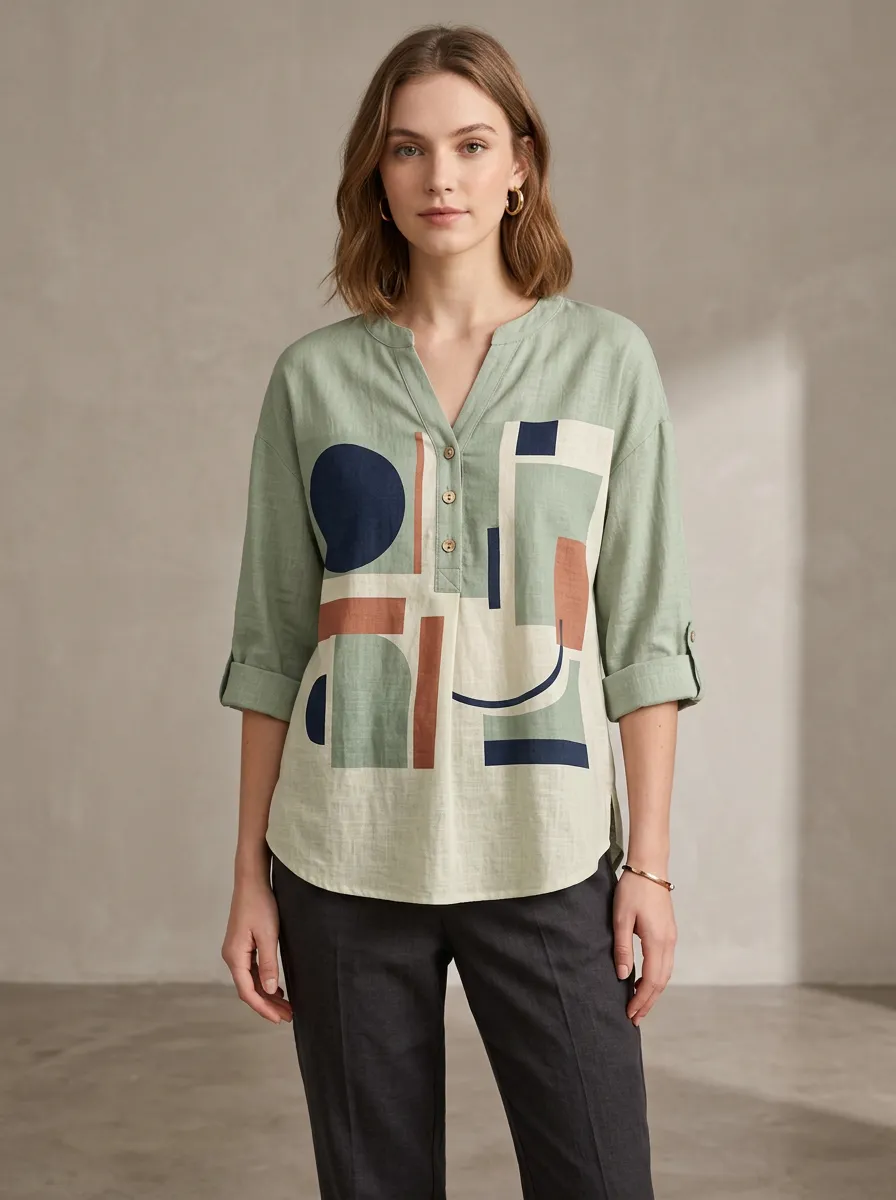 Women's Abstract Geometric Pattern Printed V-Neck Top