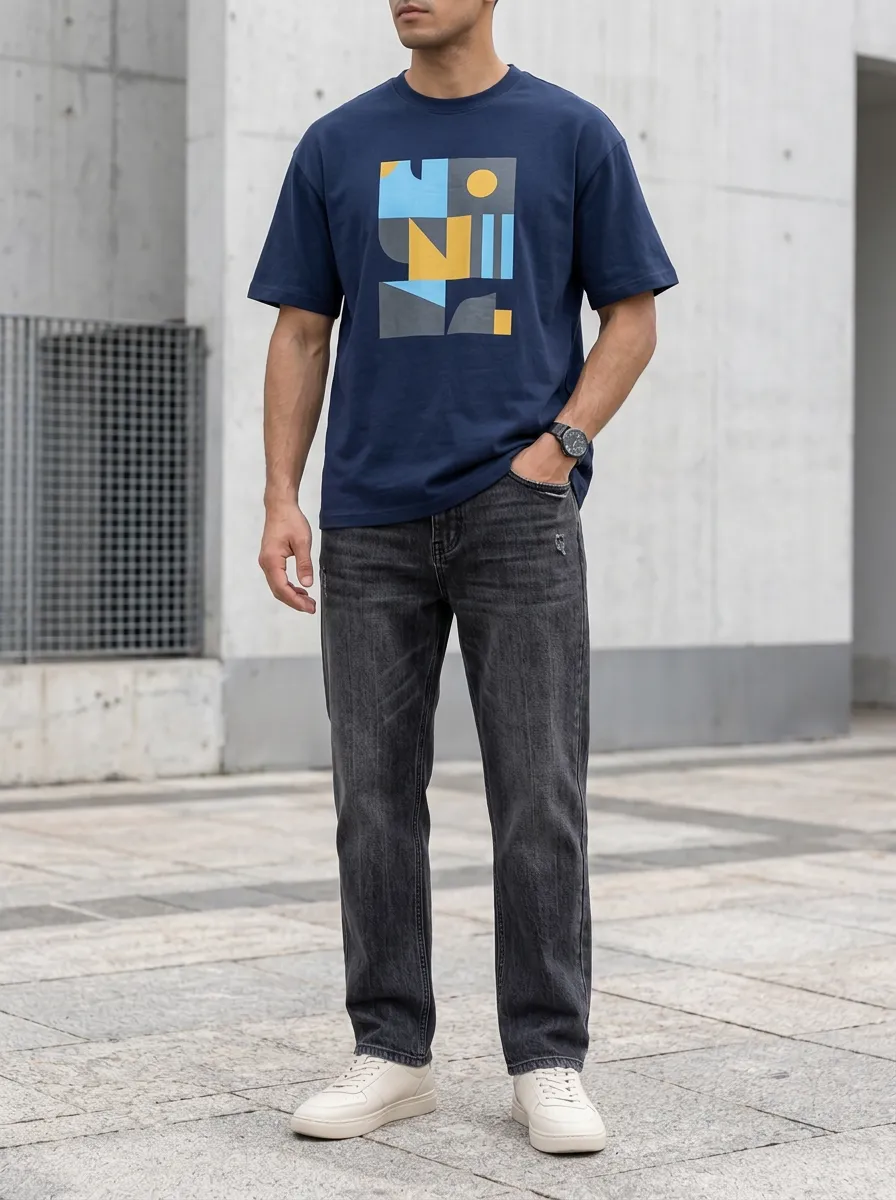 Men's Modern Geometric Abstract Printed T-Shirt and Denim Jeans Set