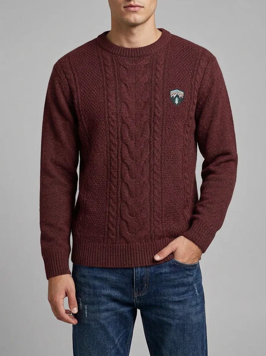 Men's Charcoal Grey Outdoor Mountain Tree Patch Knit Sweater