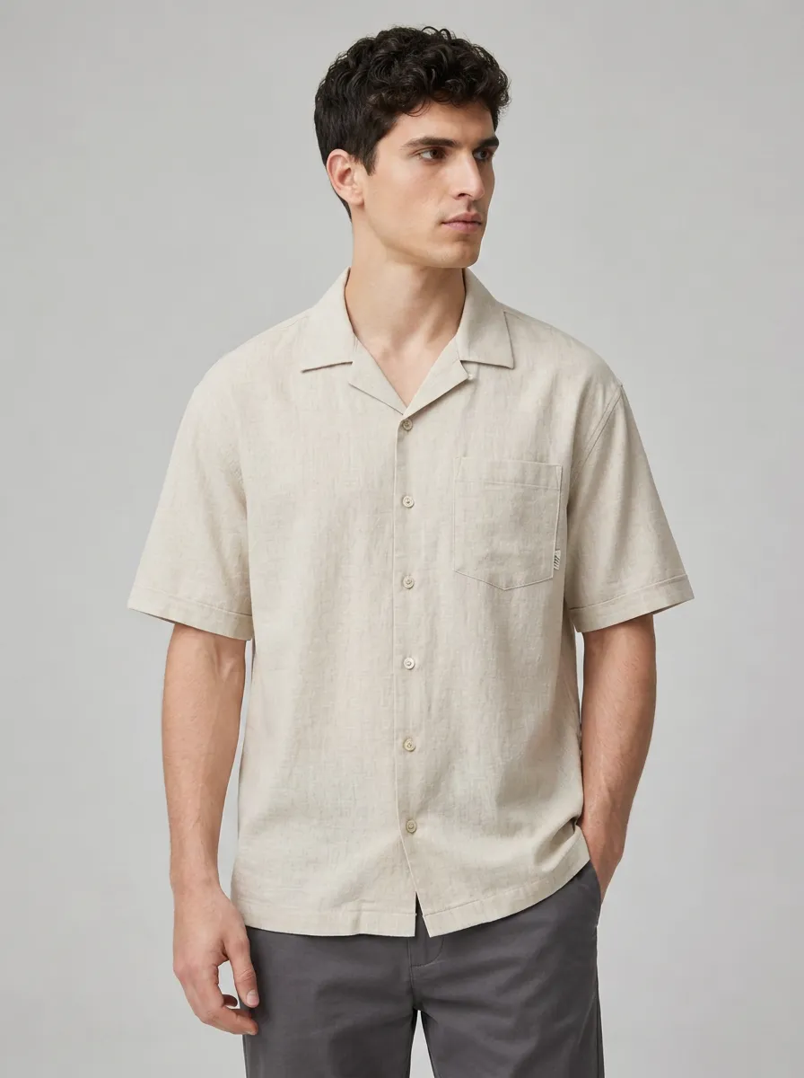 Men's Casual Summer Beige Linen Blend Short Sleeve Button Down Shirt