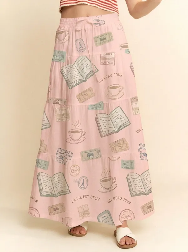 Women's Book Coffee Lover Paris Stamp Printed Maxi Skirt