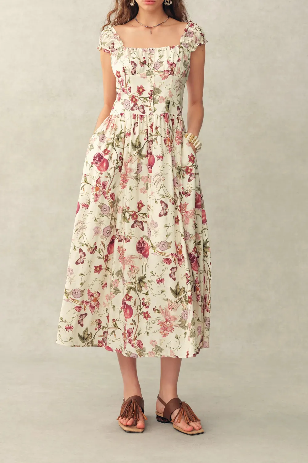 Strap Smocked Printed Floral Linen Blend Dress