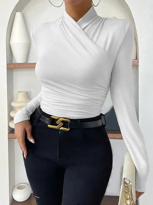 Long Sleeve Slim Fit Pleat Detail Mock Neck T-Shirt
