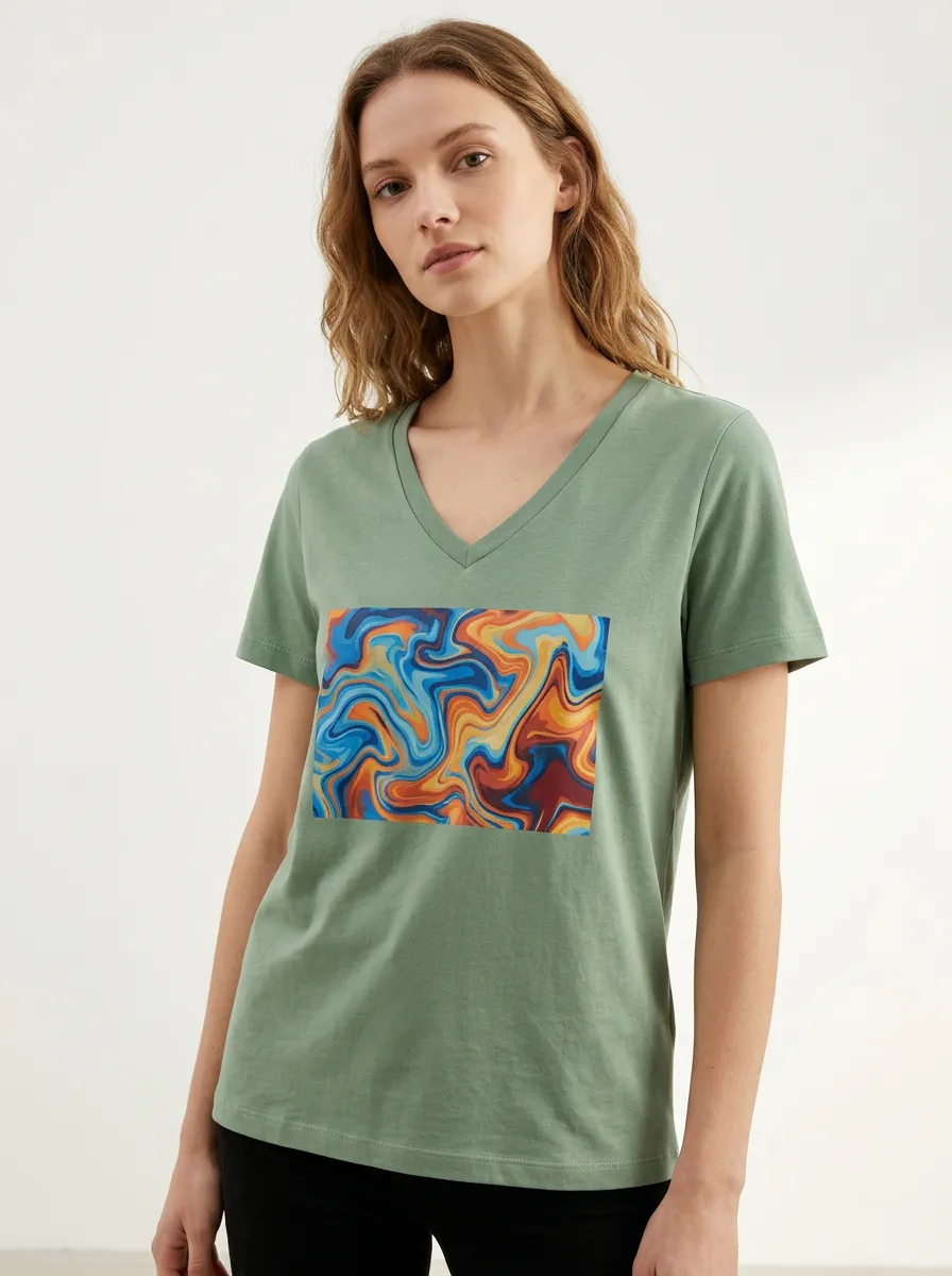 Women's Abstract Art Marble Swirl Printed V-Neck T-Shirt Relaxed Design