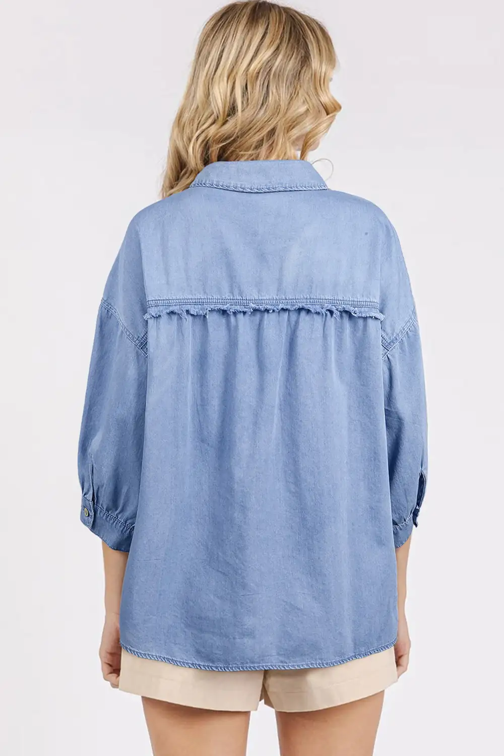 Washed Drop Shoulder Bracelet Sleeve Chambray Shirt