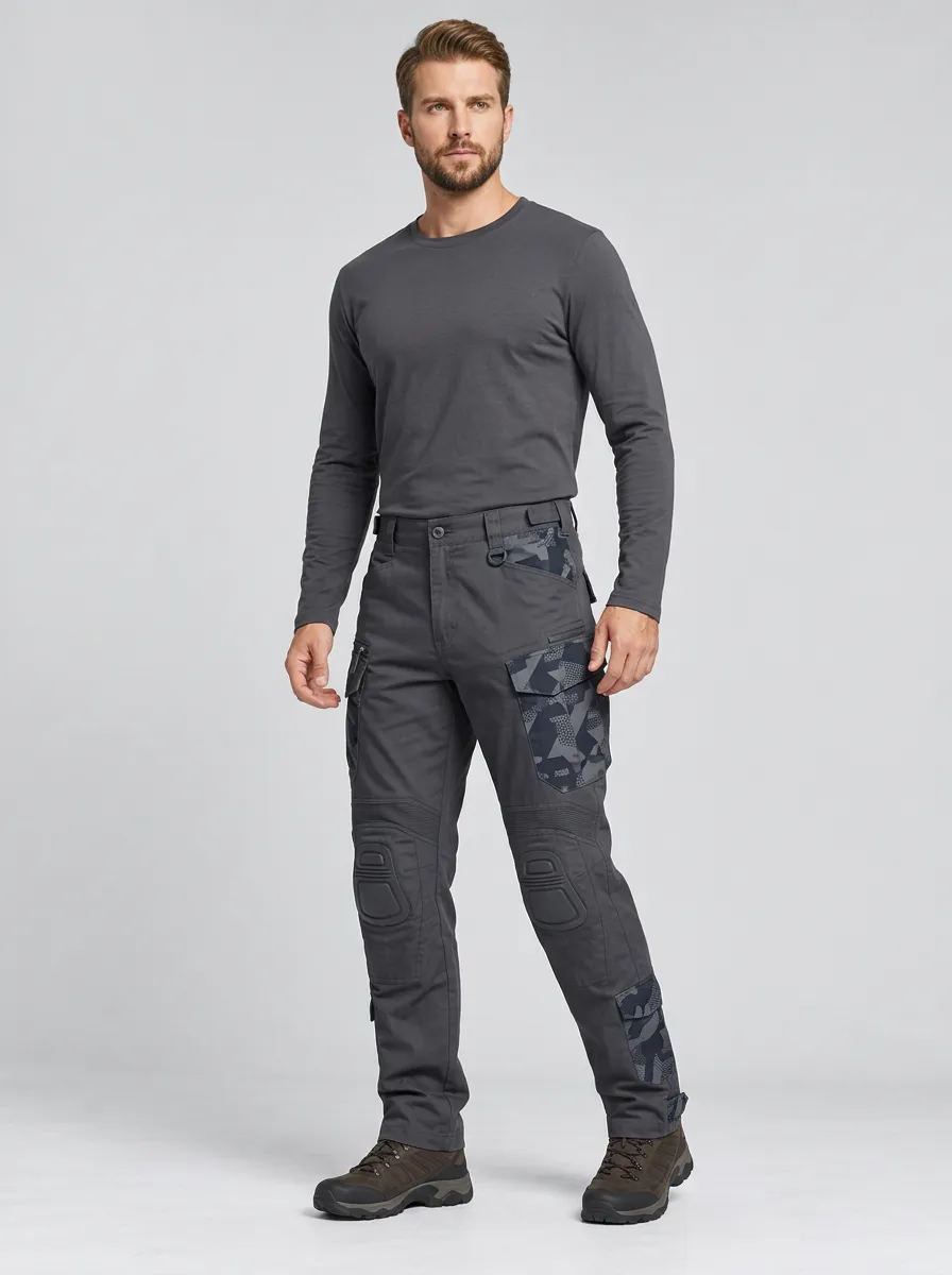 Men's Charcoal Grey Geometric Tactical Cargo Pants