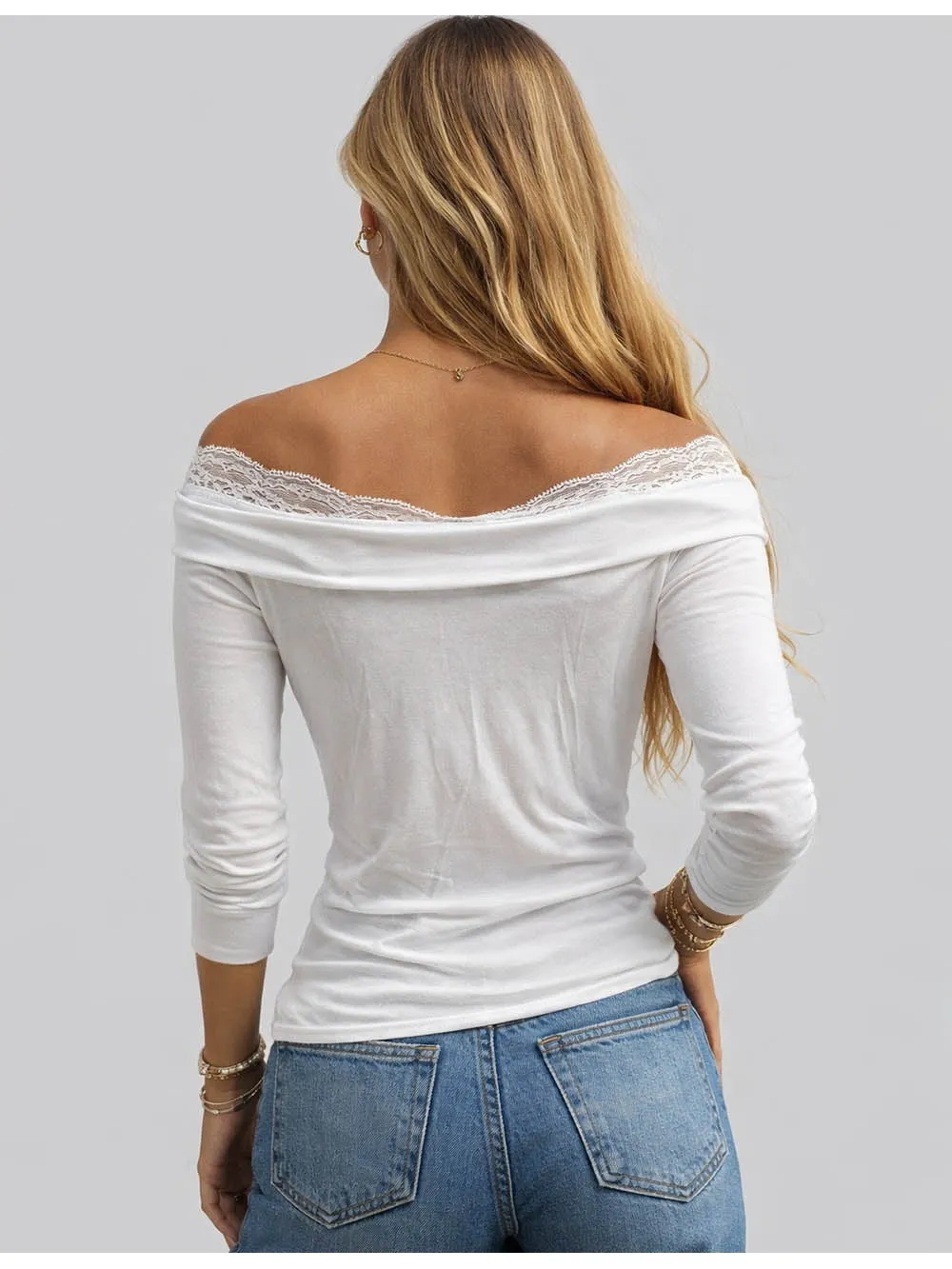 Lace Splice Off Shoulder Front Long Sleeves Top