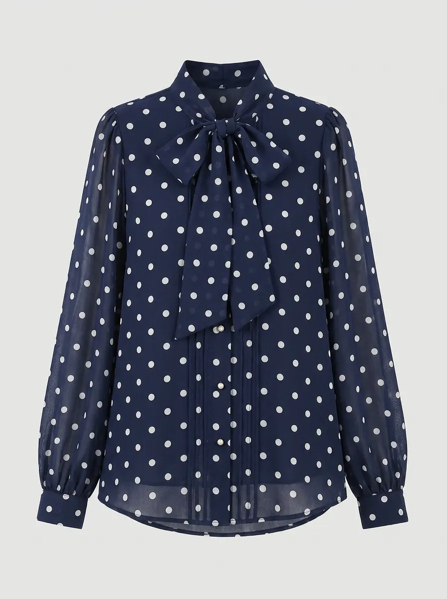 Women's Chiffon Blouse Vintage Polka Dot Bow Tie Printed