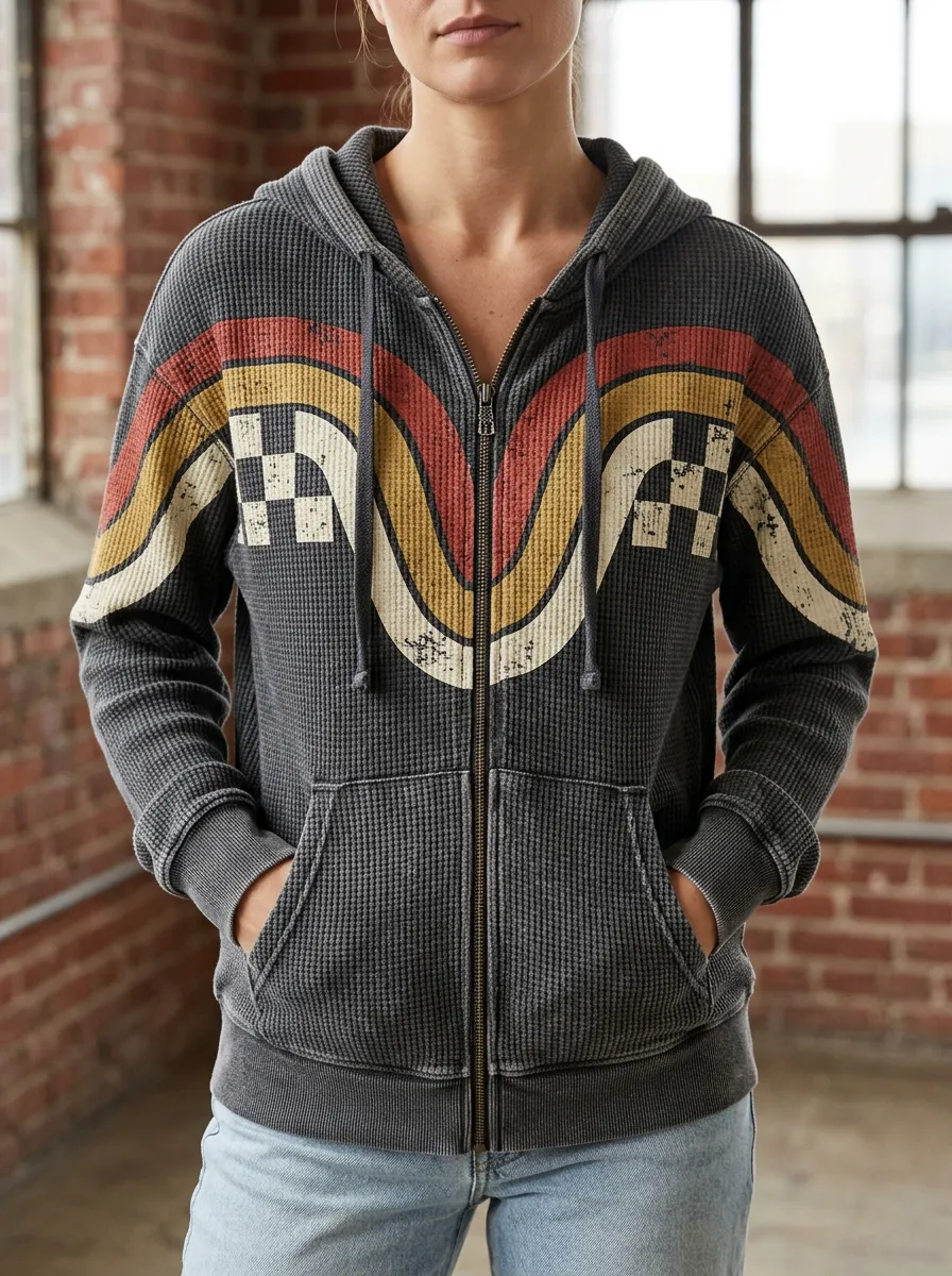 Women's Retro Rainbow Checkerboard Signature Motif Waffle Zip-Up Hoodie