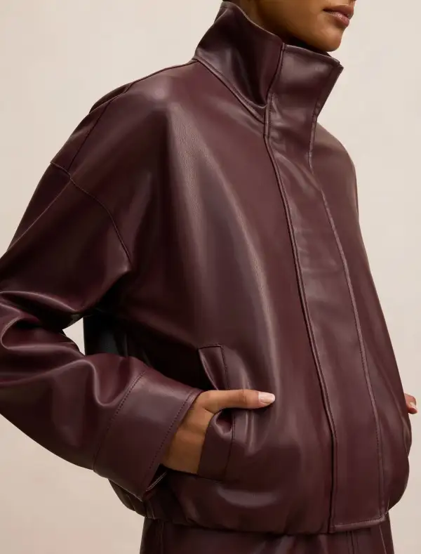 Burgundy Petite Funnel Neck Short Faux Leather Coat