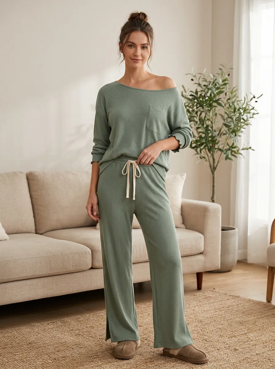 Women's Casual Lounge Sage Green Ribbed Knit Pajama Set