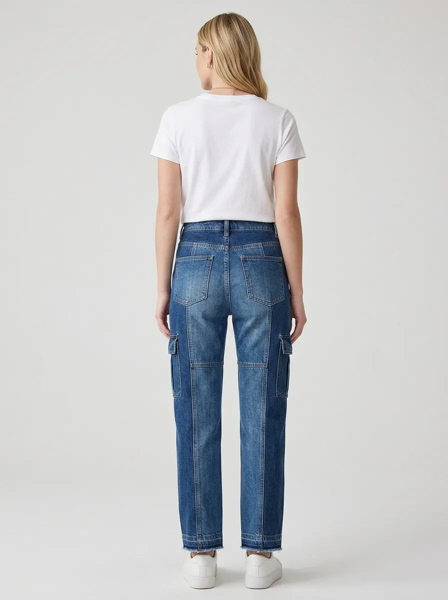 Women's Casual Style Two-Tone Patchwork Cargo Denim Jeans