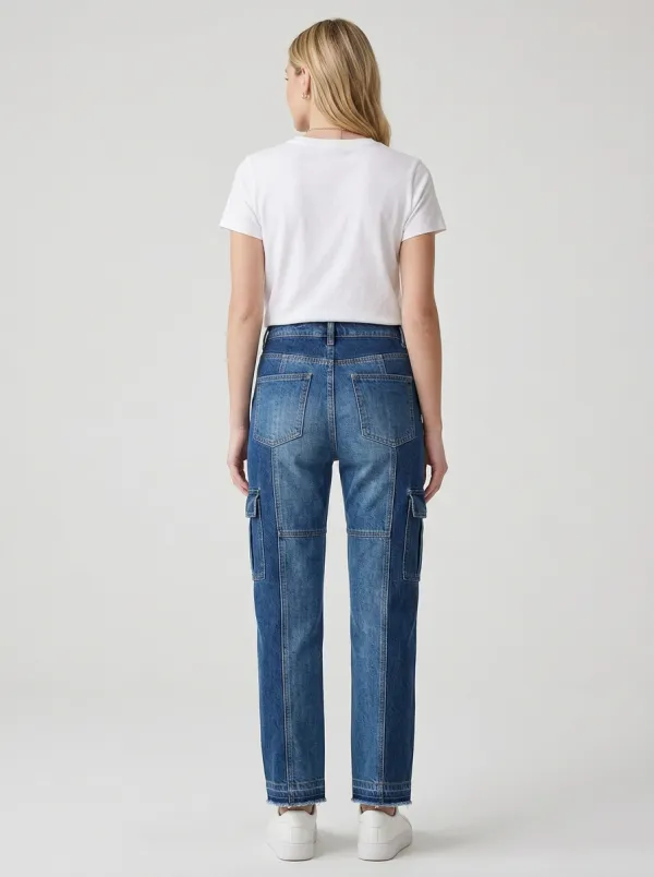 Women's Casual Style Two-Tone Patchwork Cargo Denim Jeans