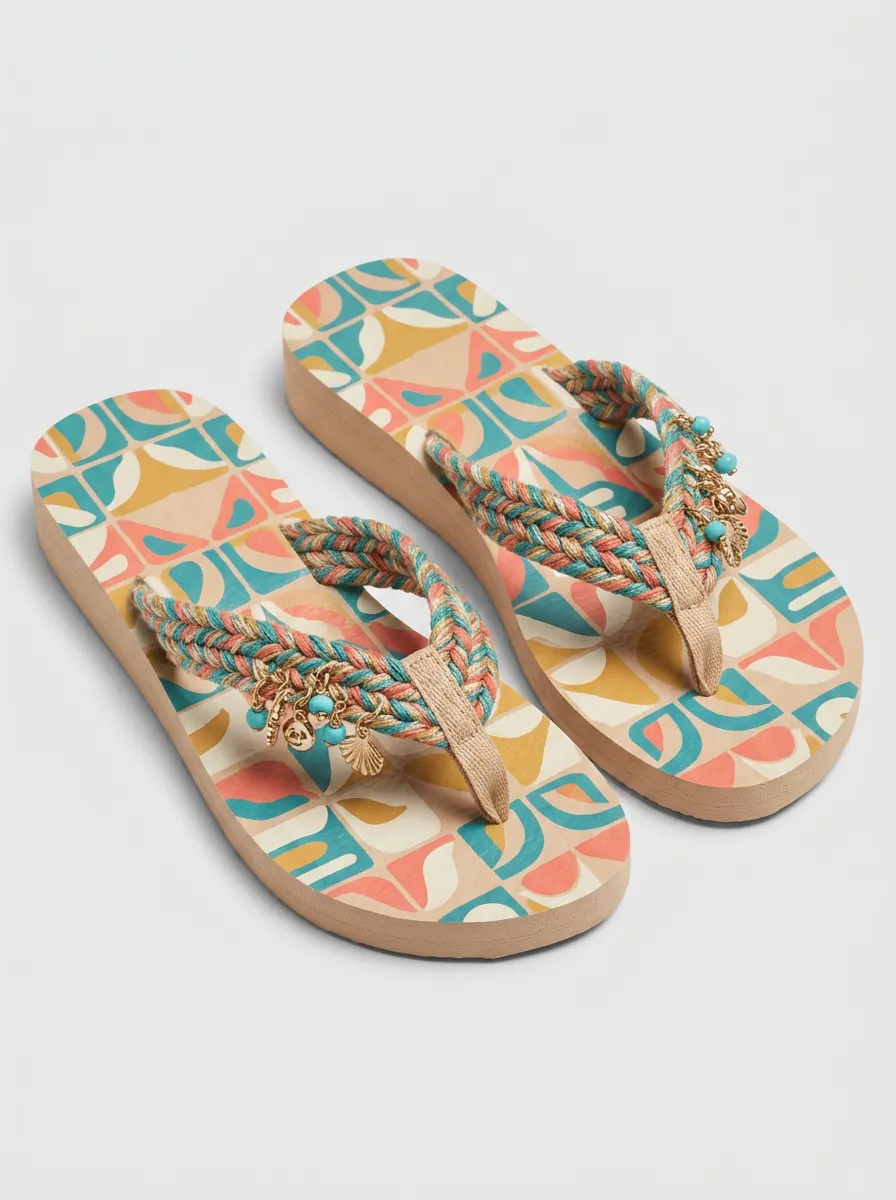 Women's Boho Beach Geometric Flip Flops with Braided Strap