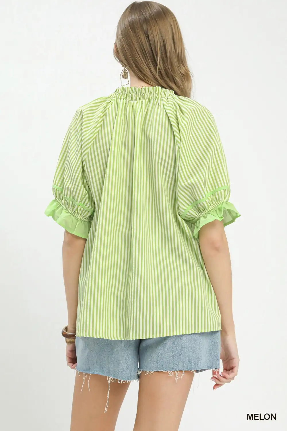 Stripe Ruffle Sleeve Split-Neck Blouse