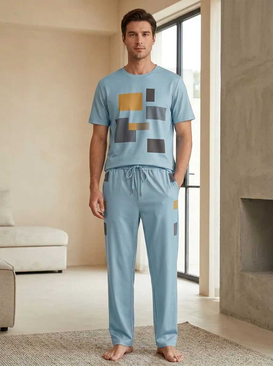 Men's Geometric Block Pattern Printed Casual Lounge Set