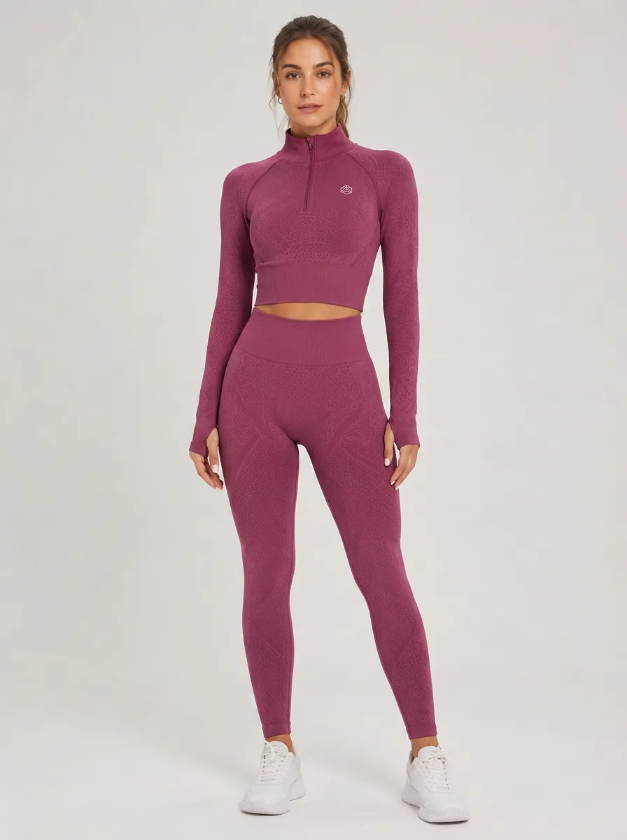 Women's Fitness Gym Workout Burgundy Seamless Printed Set