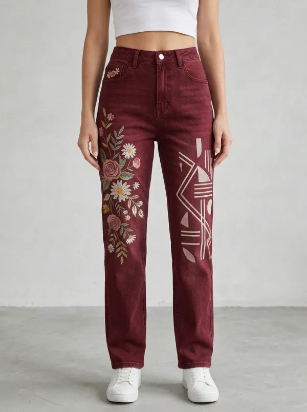 Women's Floral Geometric Embroidery Printed Straight Leg Jeans