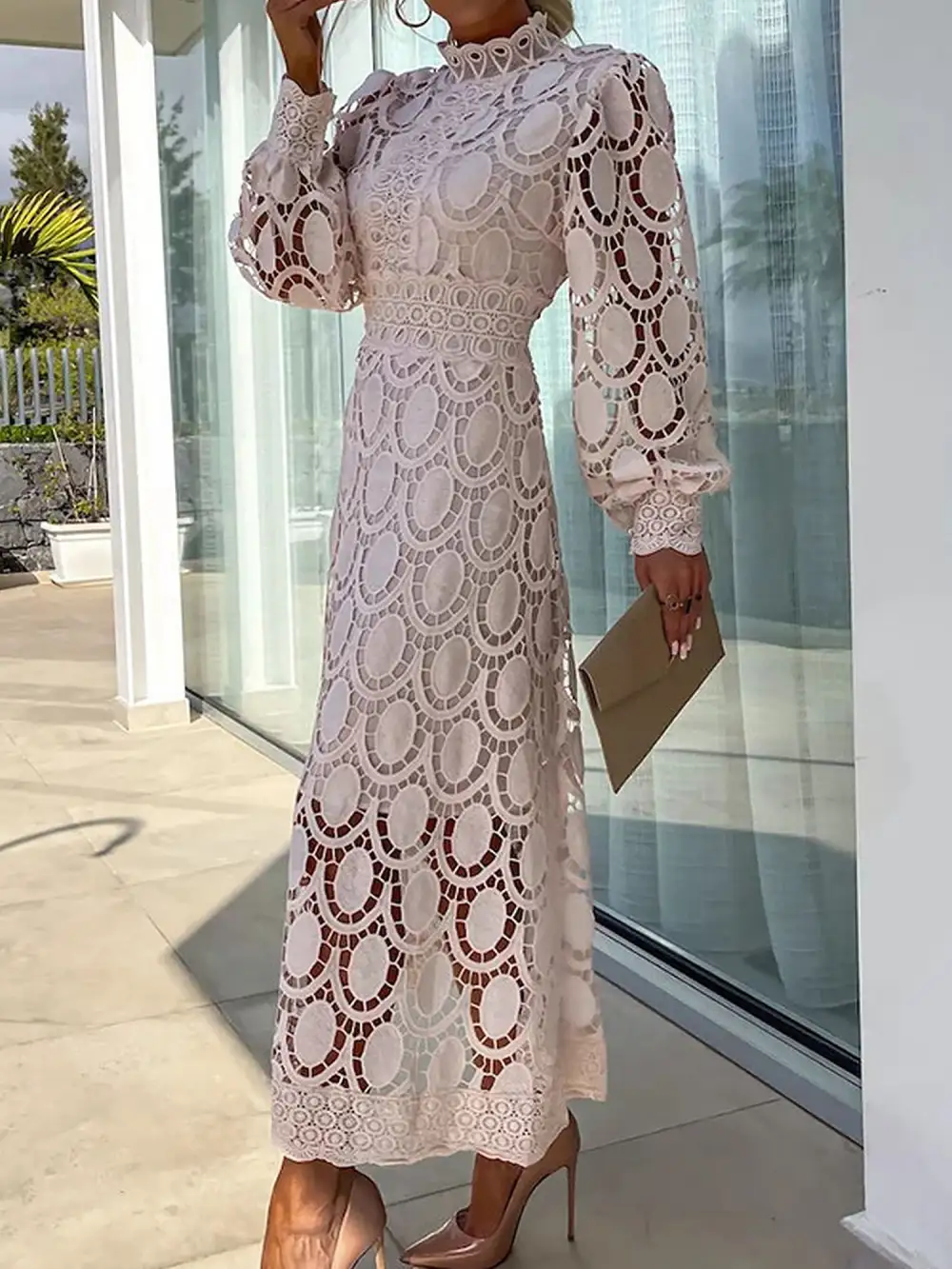 Boho Eyelet Mock-Neck Long-Sleeve Evening Maxi Dress