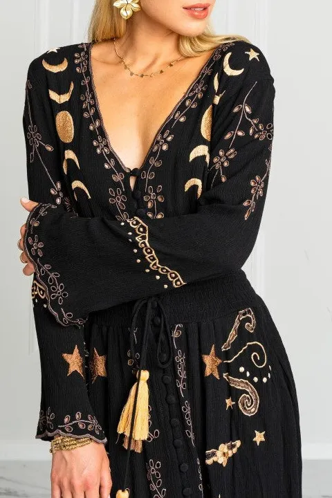 Black Gold Embroidered Tassel Maxi Dress