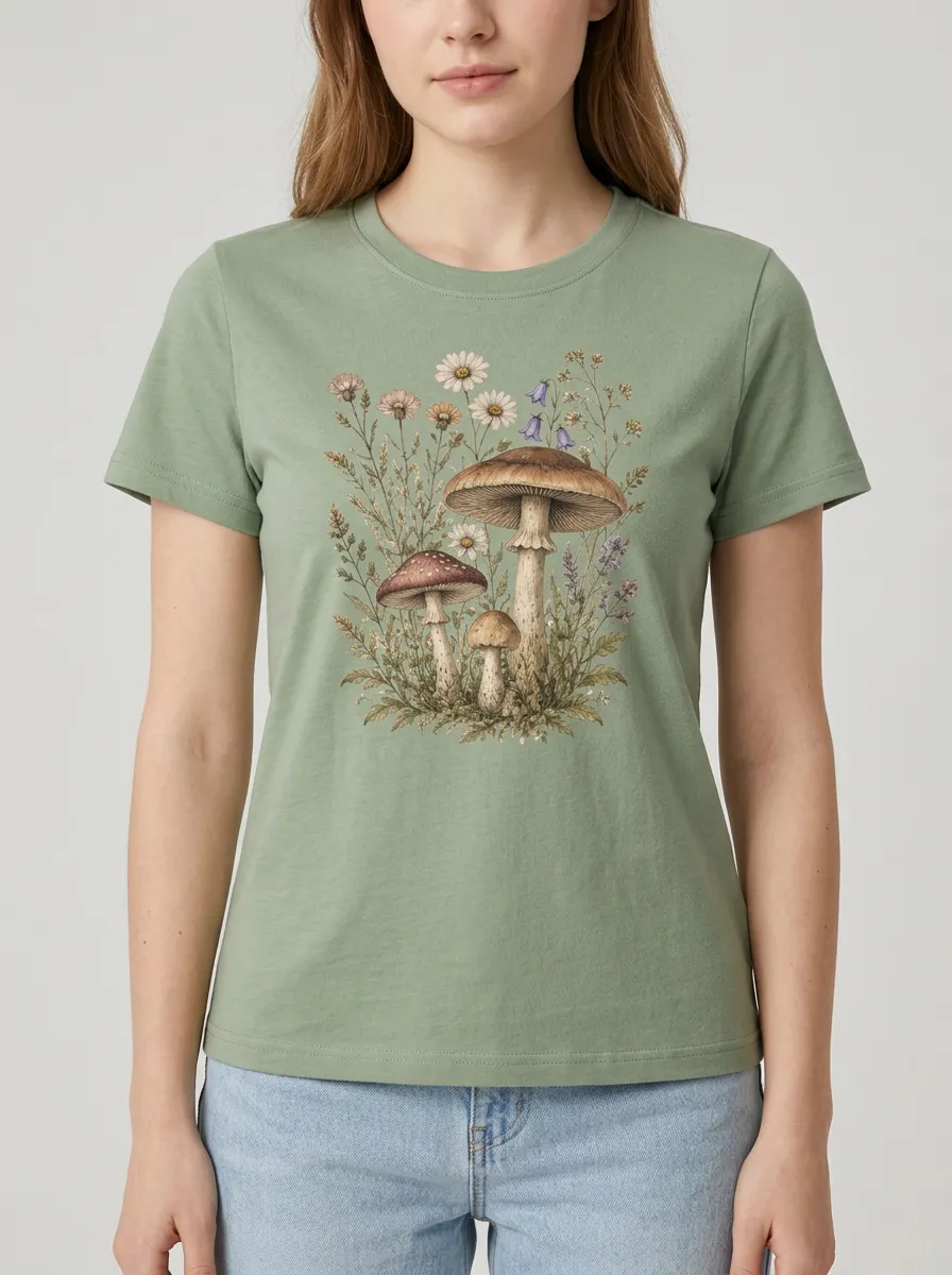 Women's Mushroom Botanical Nature Lover Printed T-shirt