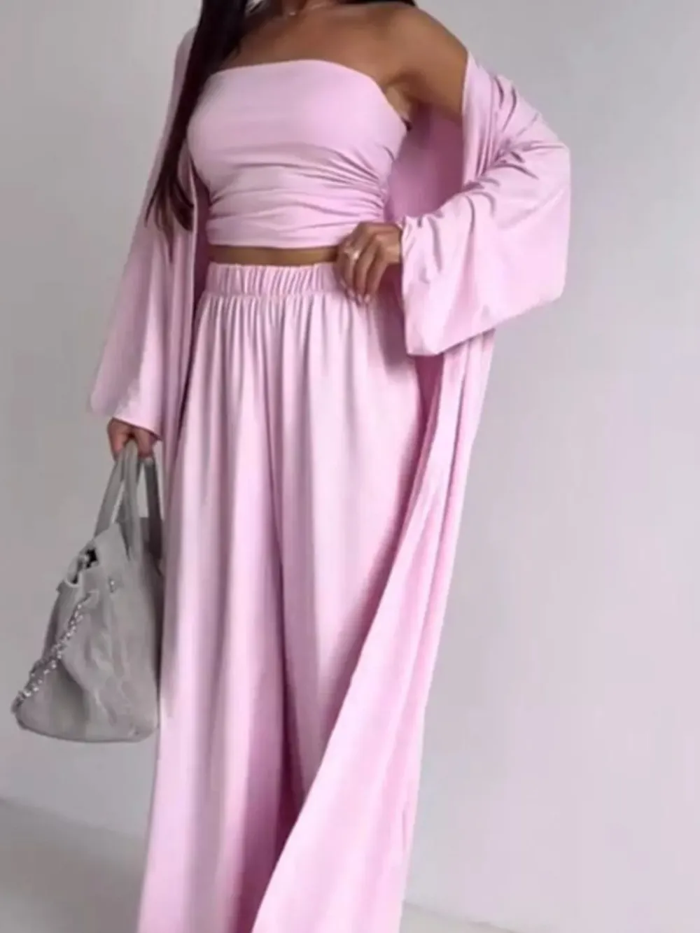 Tube Top & Cardigan & Wide Leg Pants Piece