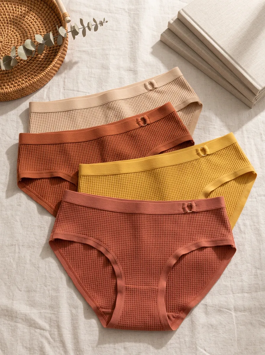 Women's Waffle Knit Earth Tone Ring Detail Panties Set