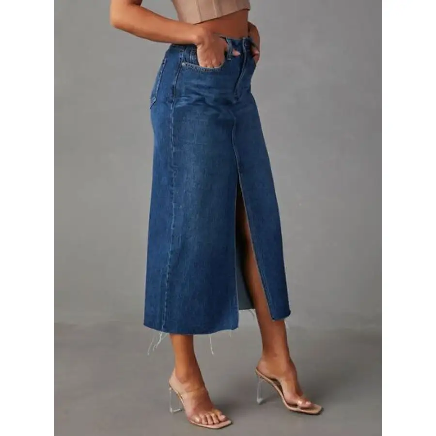 Raw Hem Front Slit Denim Midi Skirt