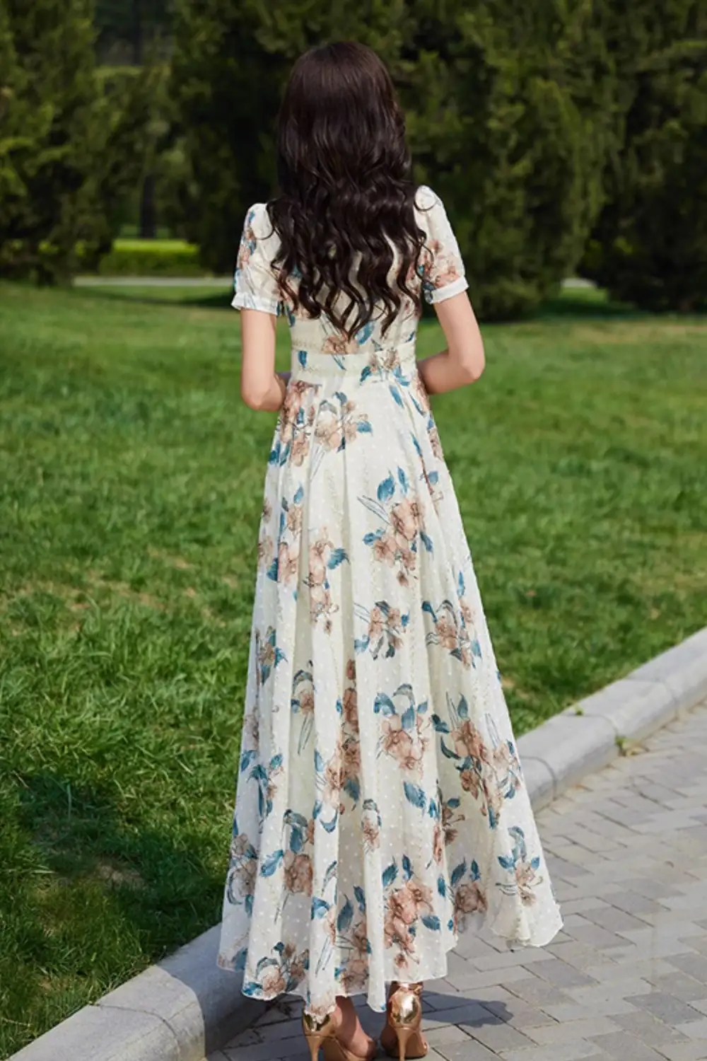 Relaxed Floral Chiffon V Neck Short Sleeve Maxi Dress