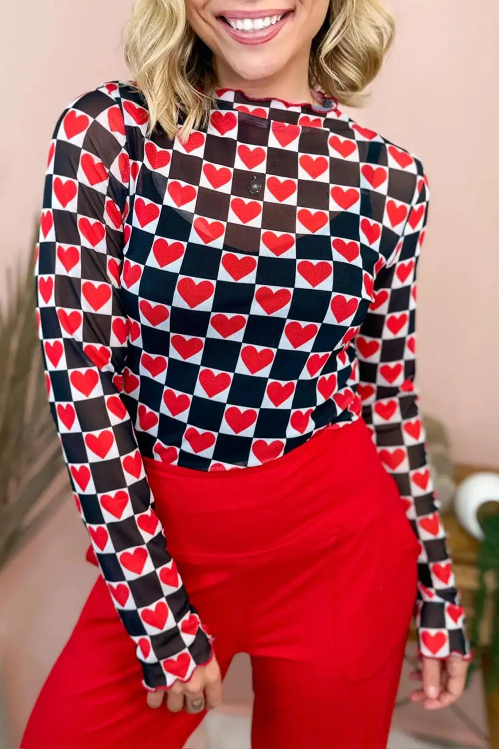 Checkered Print Mesh Stretch Fabric Long Sleeve Blouse
