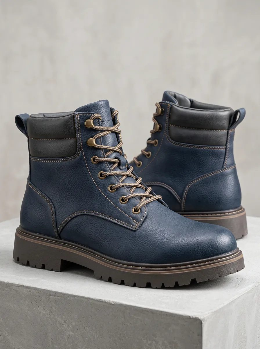 Men's Navy Lace Up Combat Boots with Leather and Lace Up