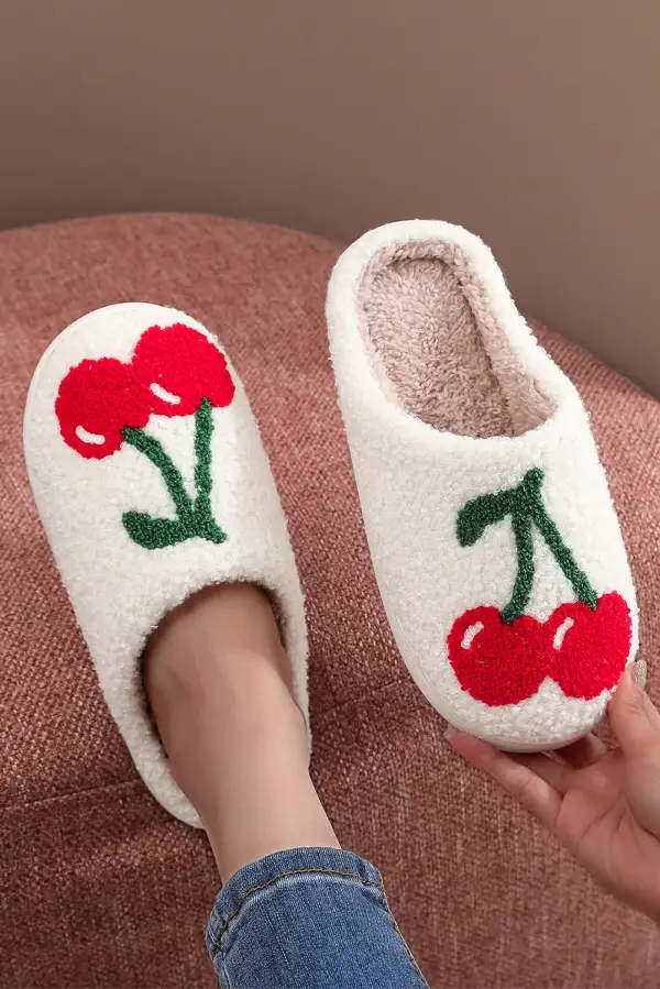 Cute Fruit Cherry Pattern Winter Plush Slide Slippers