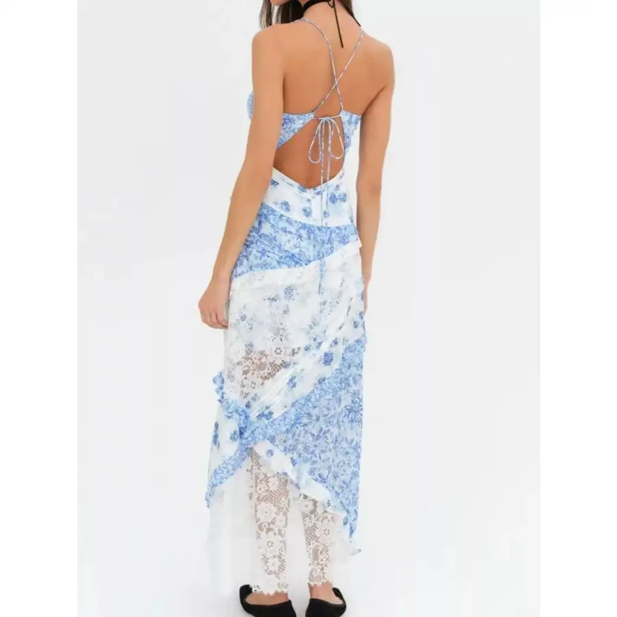 Lace Detail Ruffled Floral V Neck Maxi Dress