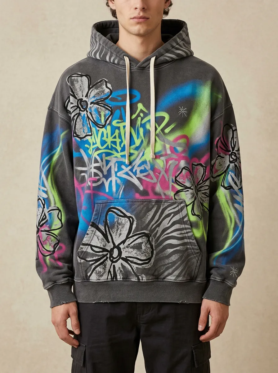 Unisex Streetwear Graffiti Floral Zebra Graphic Hoodie