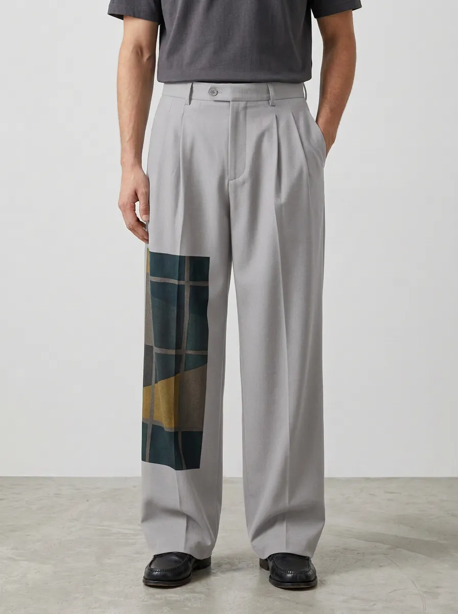 Men's Geometric Plaid Pattern Printed Wide Leg Trousers