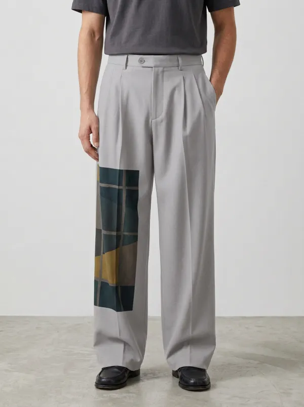 Men's Geometric Plaid Pattern Printed Wide Leg Trousers
