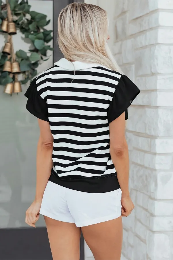 Black Stripe Collar V Neck Blouse