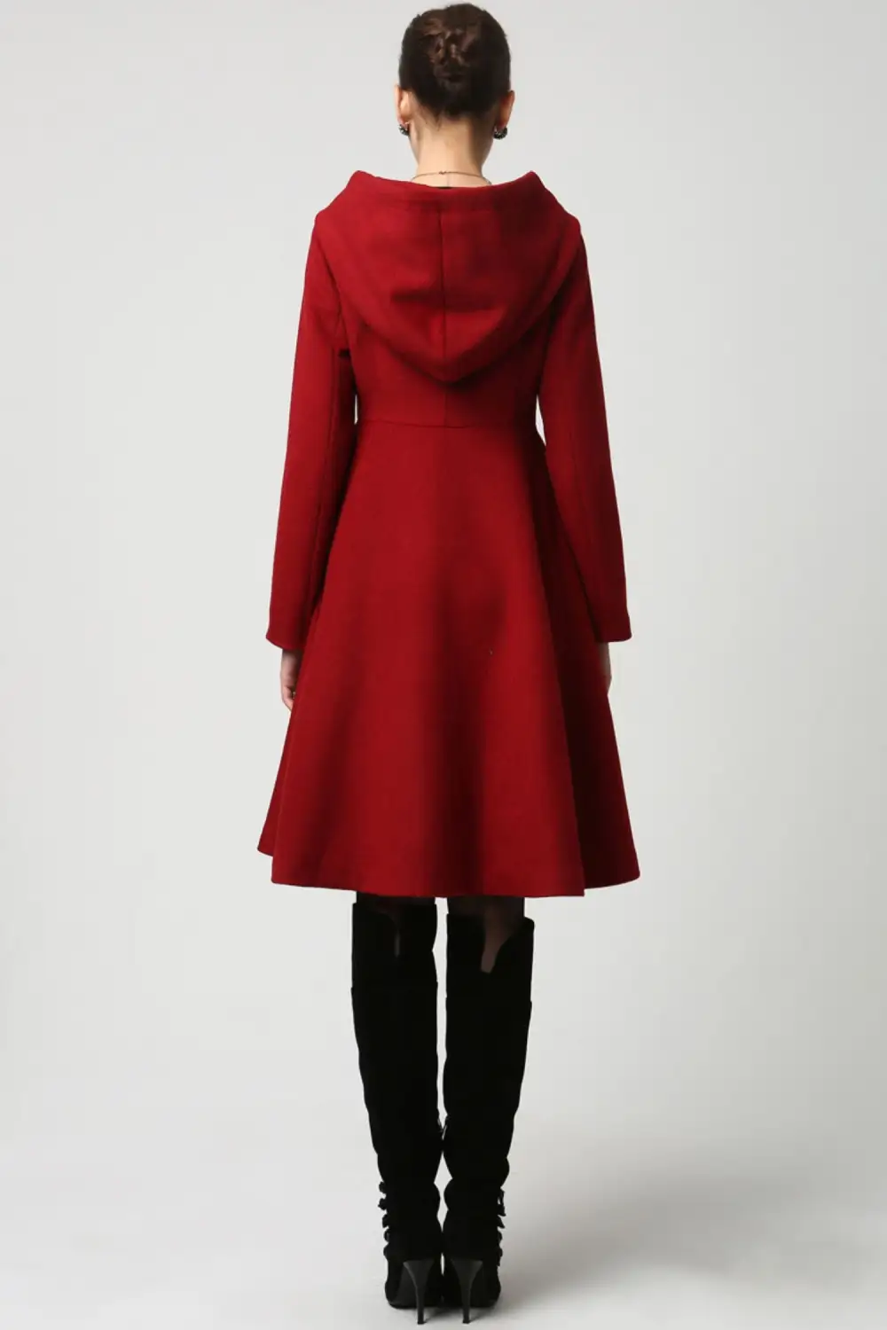 Wool Blend Fit and Flare Hooded Pocketed Midi Coat