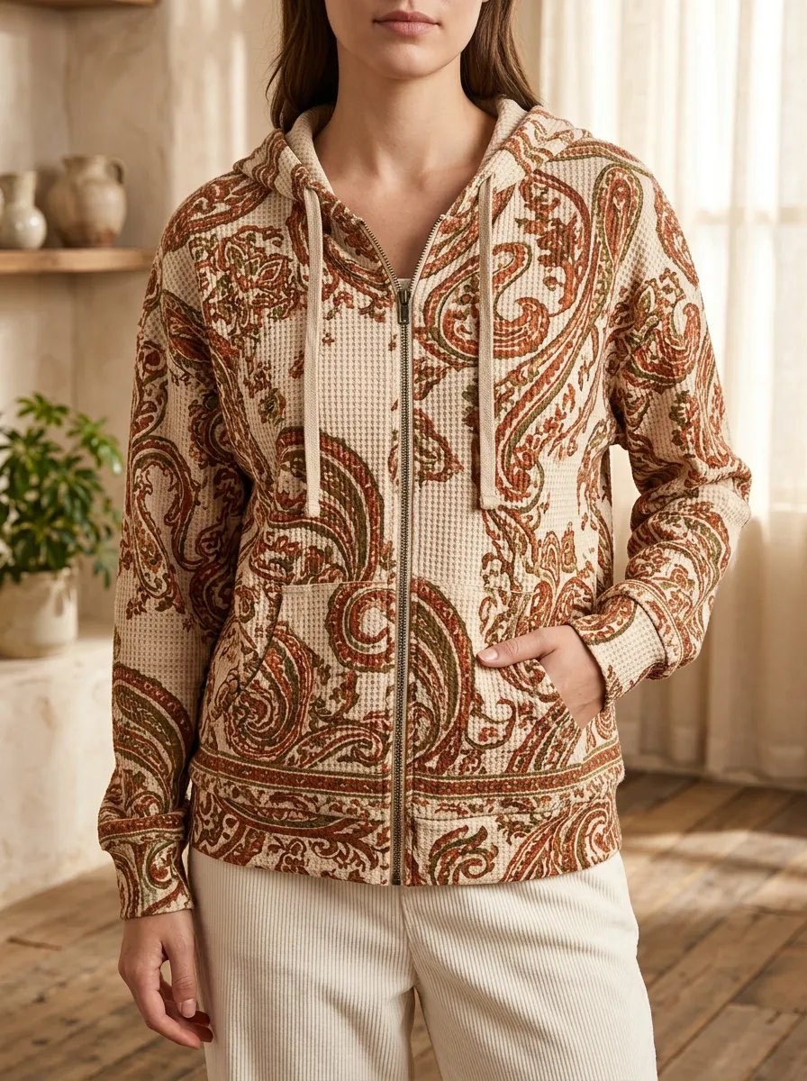Women's Boho Paisley Pattern Signature Expression Waffle Zip-Up Hoodie