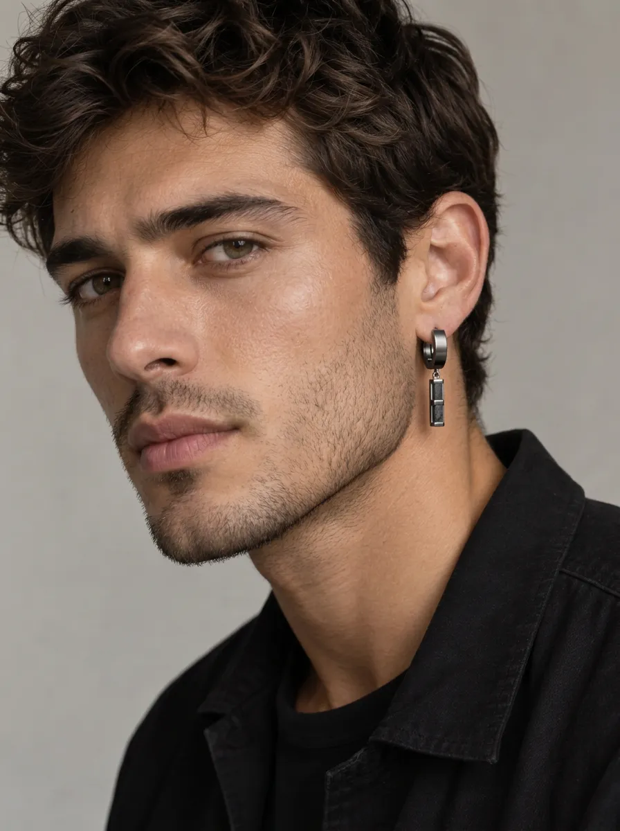 Men's Minimalist Geometric Bar Dangle Hoop Earring