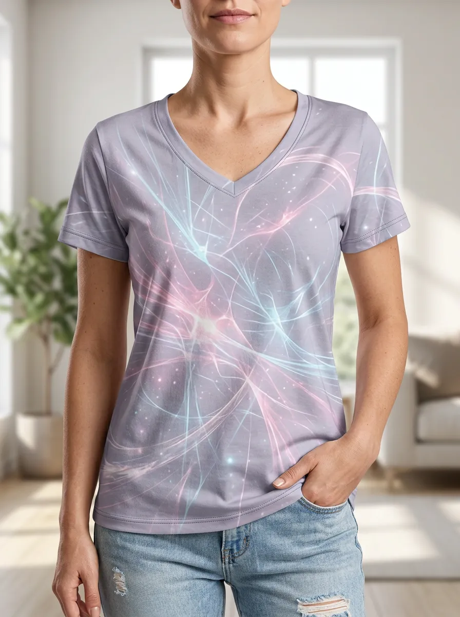 Women's Abstract Neon Light Printed V-Neck T-Shirt