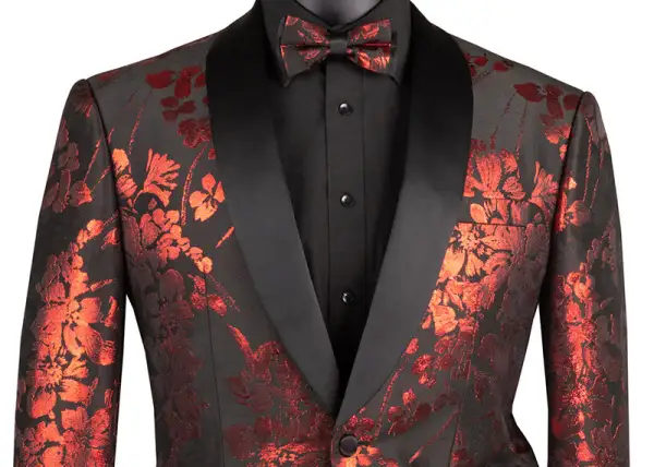 Red Slim Fit Floral Single Breasted Shawl Lapel Side Vents Jacket