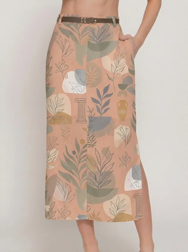 Women's Boho Aesthetic Greek Column Plant Printed Midi Skirt