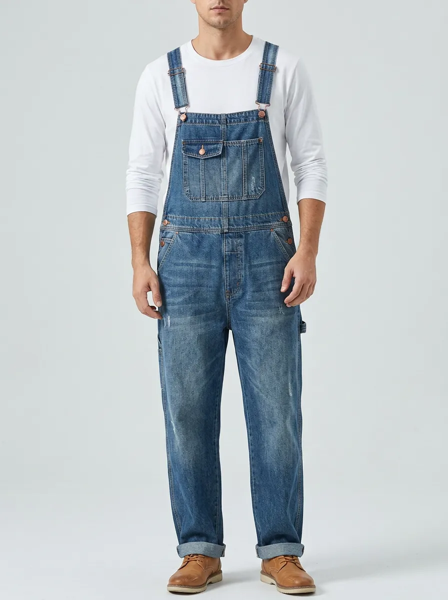 Men's Bib Distressed Vintage-Inspired Denim Bib Overalls
