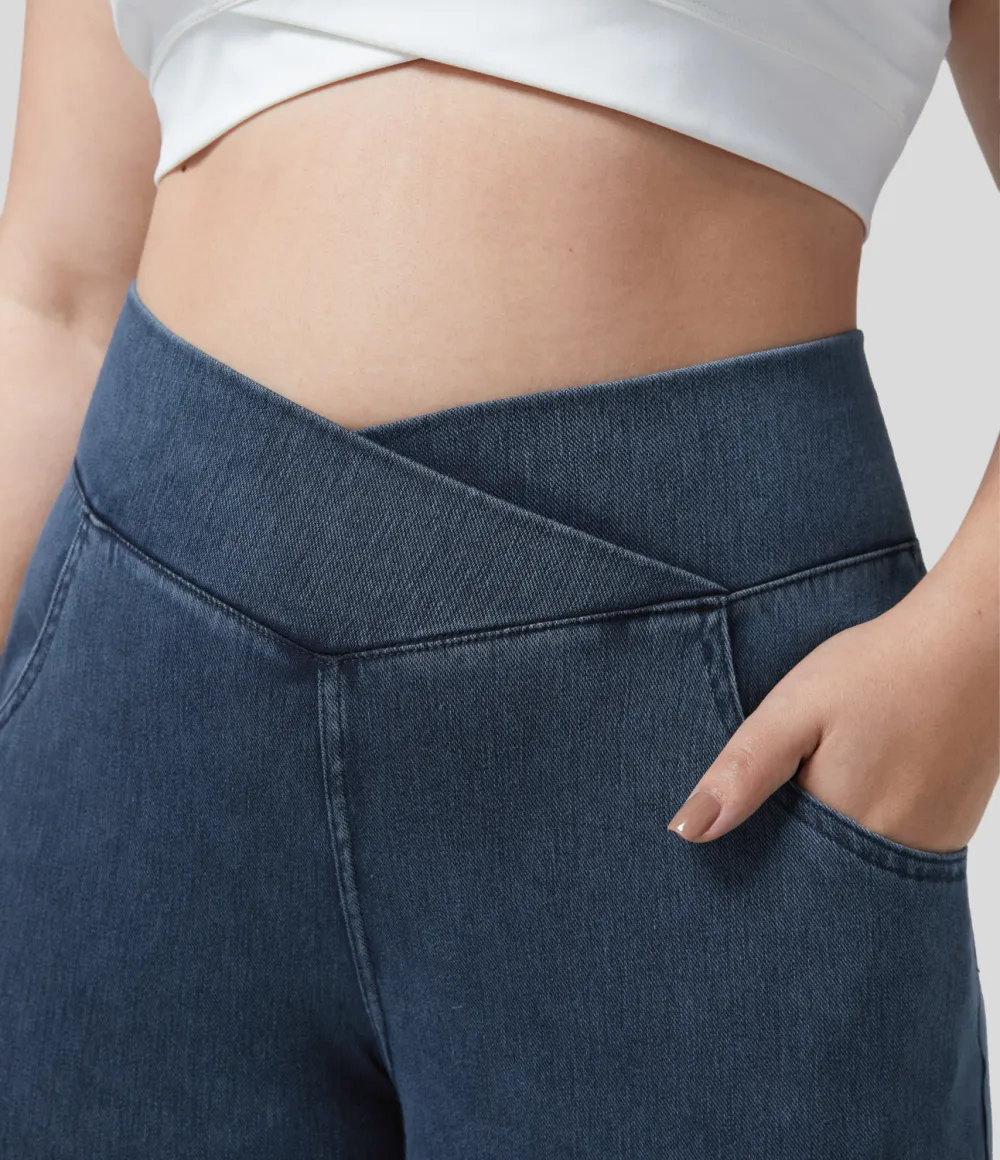 Magic High Waisted Crossover Multiple Pockets Stretchy Knit Denim 7/8 Plus Size Work Leggings