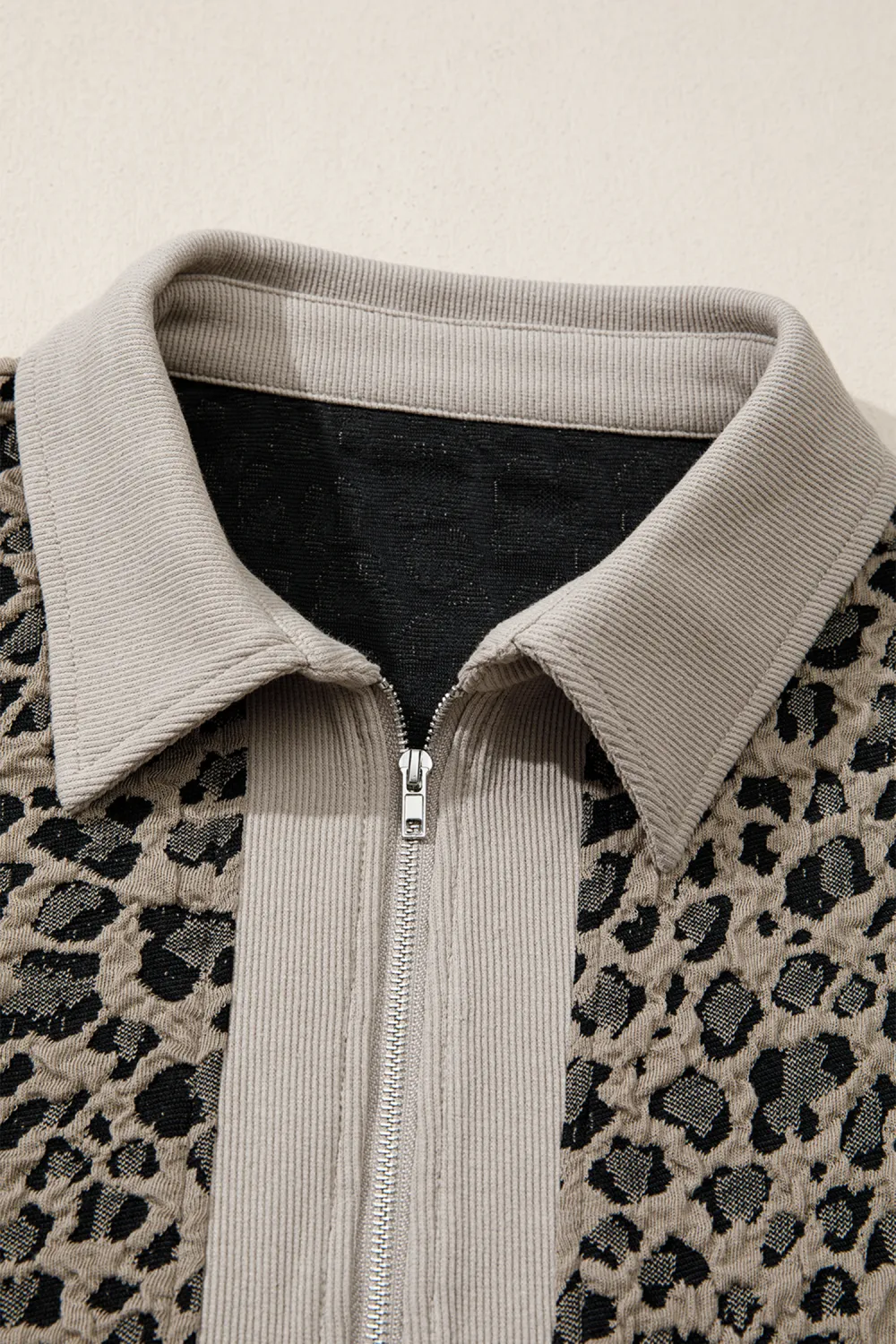Beige Zip Up Collared Leopard Top