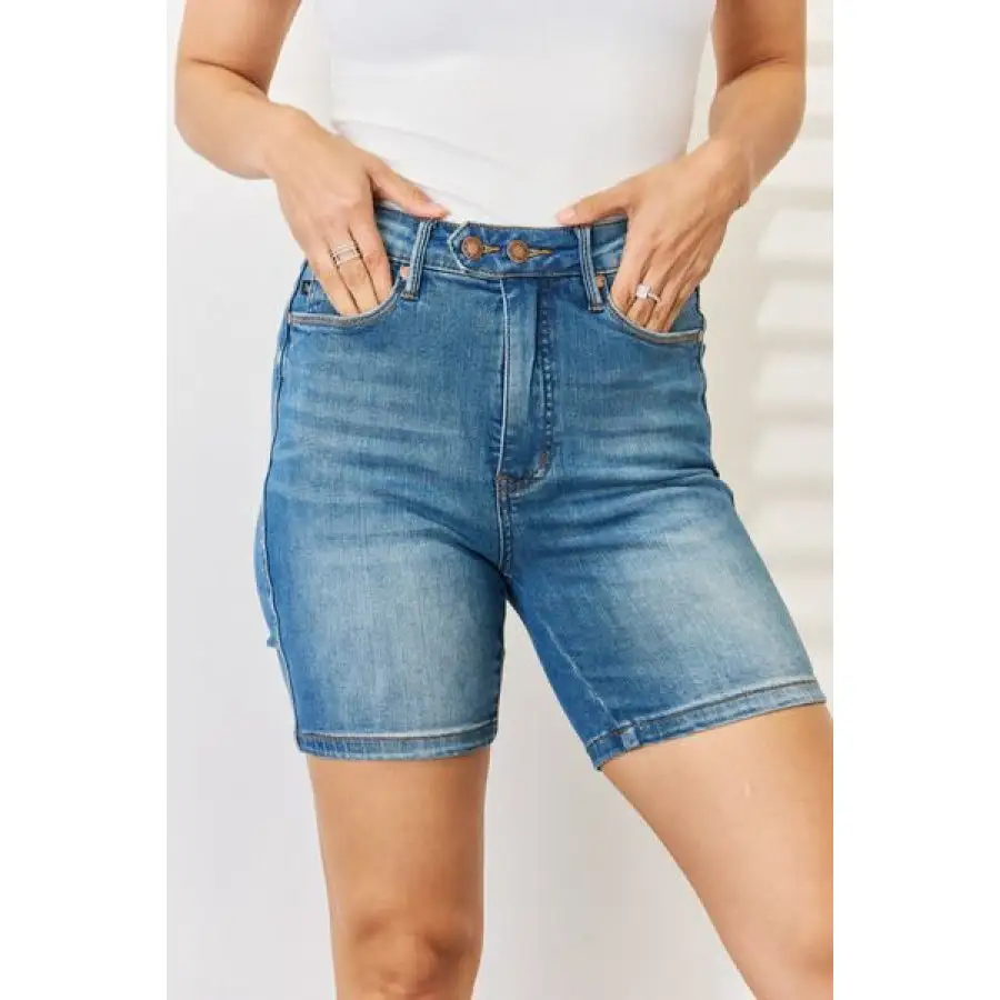 Full Size Tummy Control Double Button Bermuda Denim Shorts