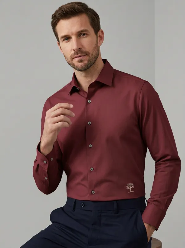 Men's Non-Iron Cotton Tree Embroidered Accent Long Sleeve Shirt
